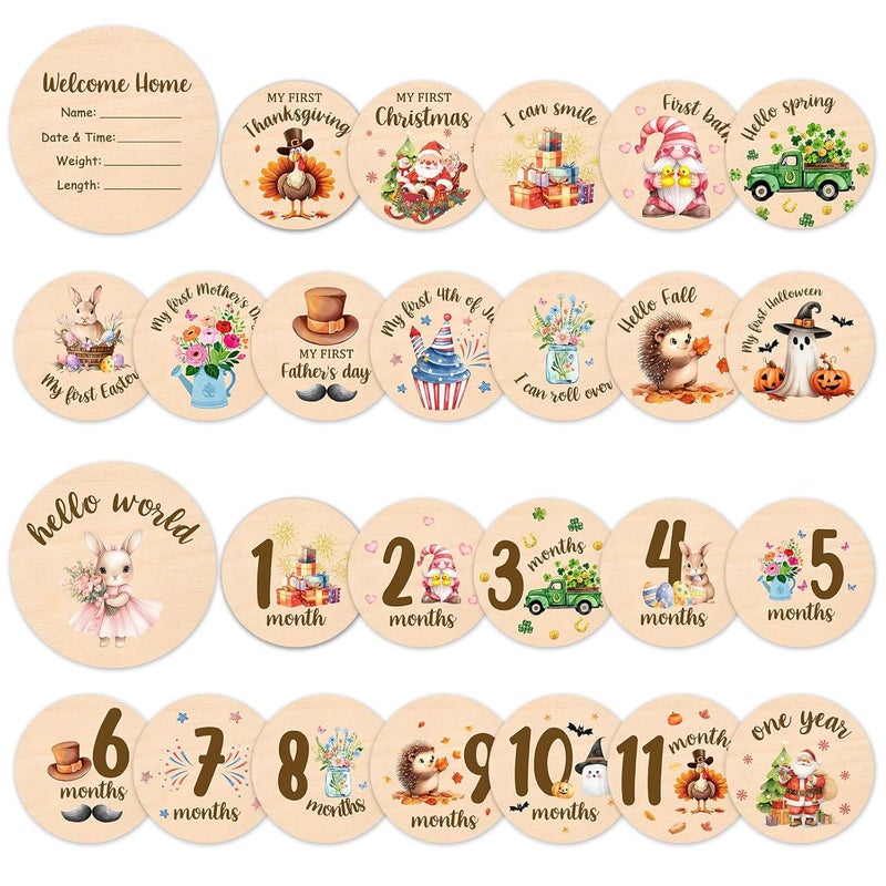 MCIAONE Baby Monthly Milestone Cards Rabbit - 13 Double Sided My First Holiday Milestone, Bunny Babies Shower Signs, Hello World Newborn Sign 1-12 Months for Photo Props, Welcome Baby Announcement Sign - Image 1